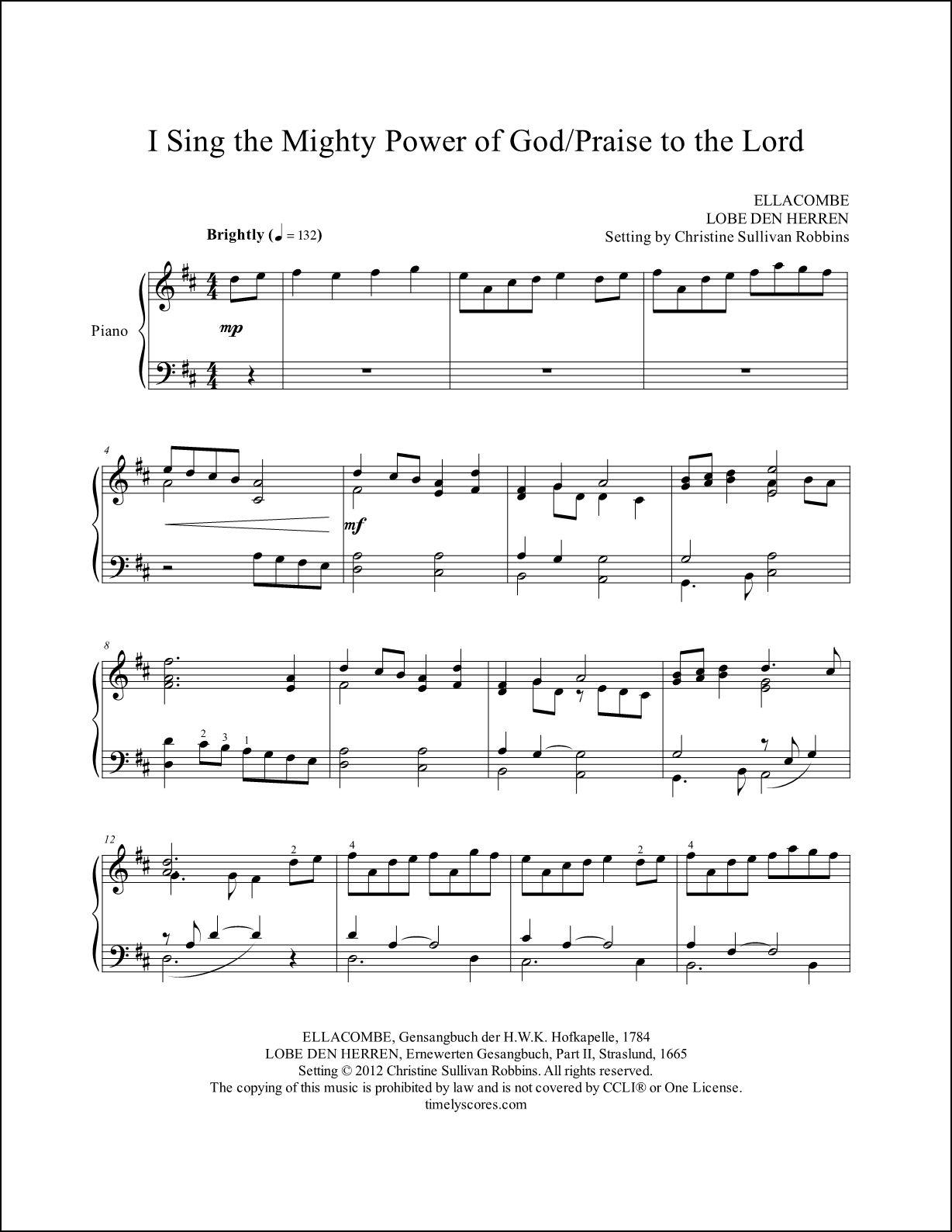 I Sing the Mighty Power of with God Praise to the Lord Piano Sheet Music