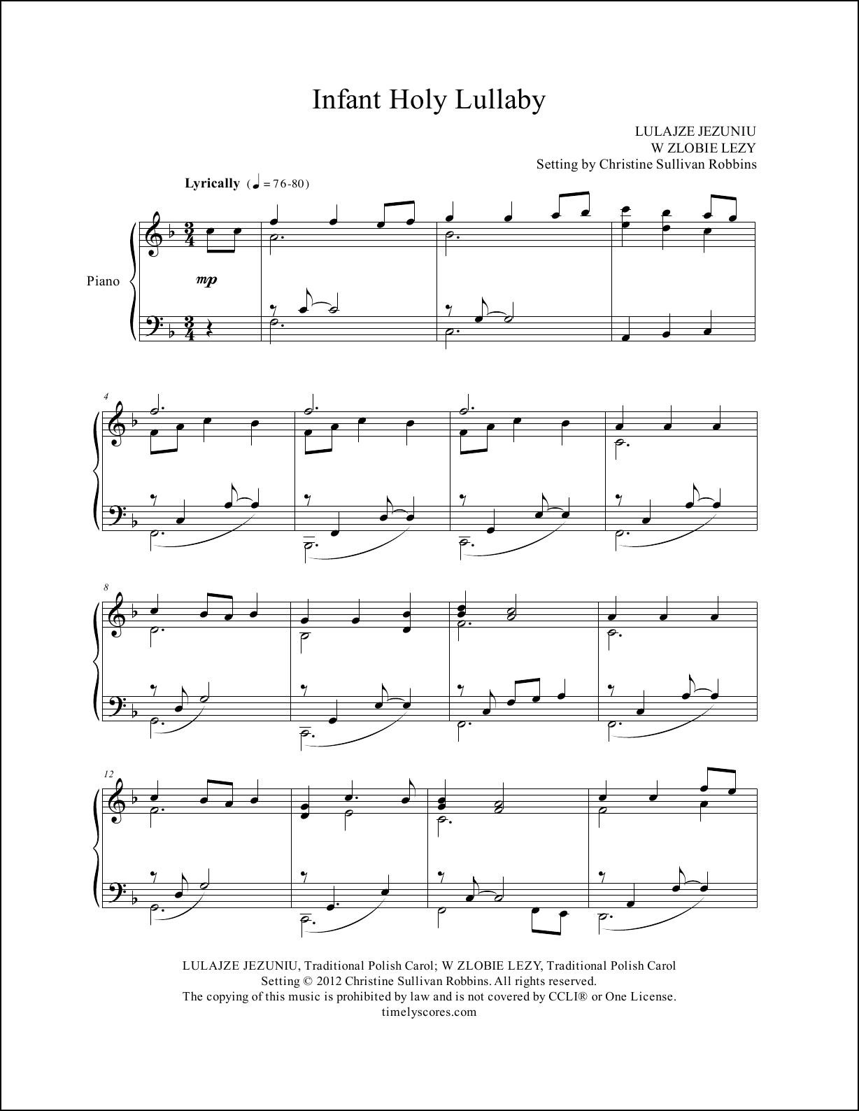 Infant Holy Lullaby Piano Sheet Music