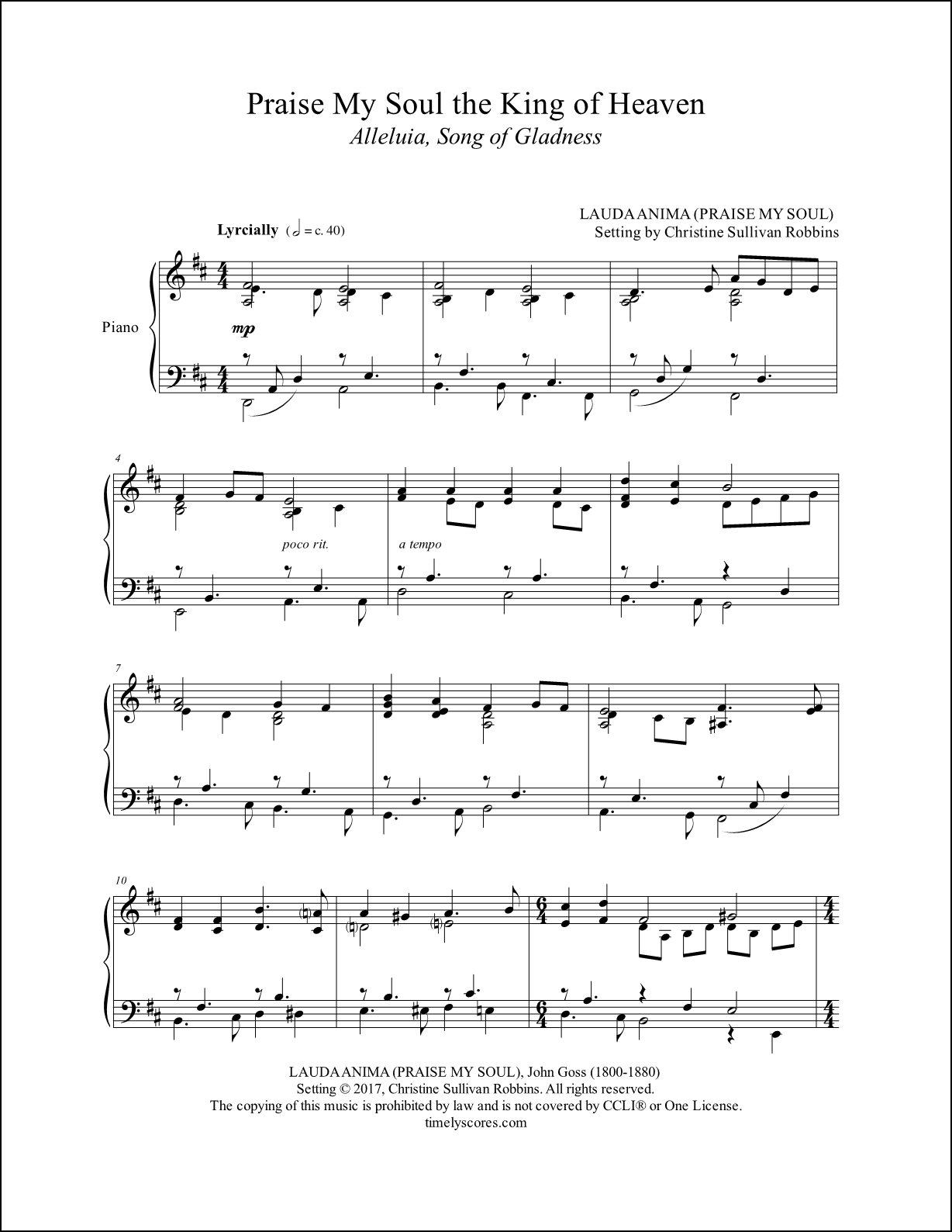 Praise My Soul the King of Heaven Piano Sheet Music