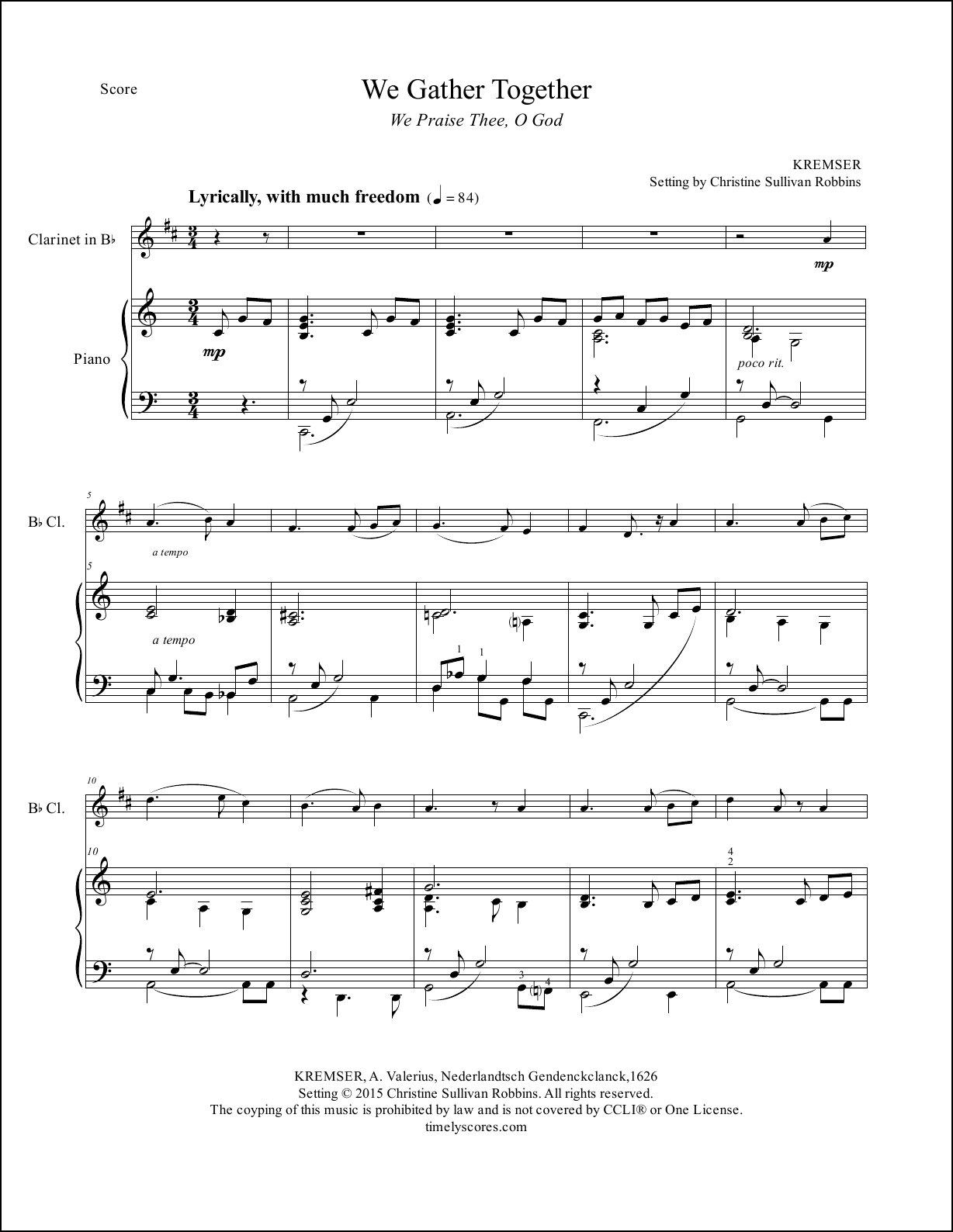 We Gather Together (We Praise You, O God) Clarinet and Piano Sheet Music