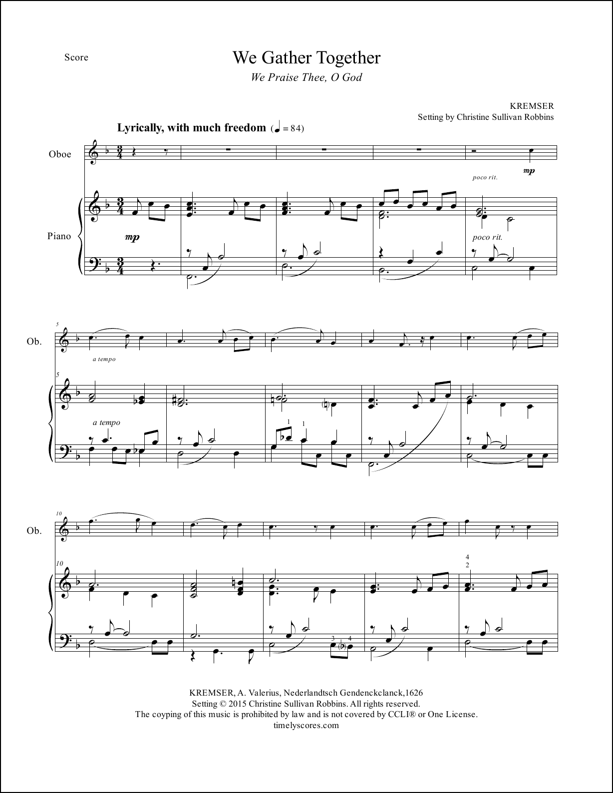 We Gather Together (We Praise You, O God) Oboe and Piano Sheet Music